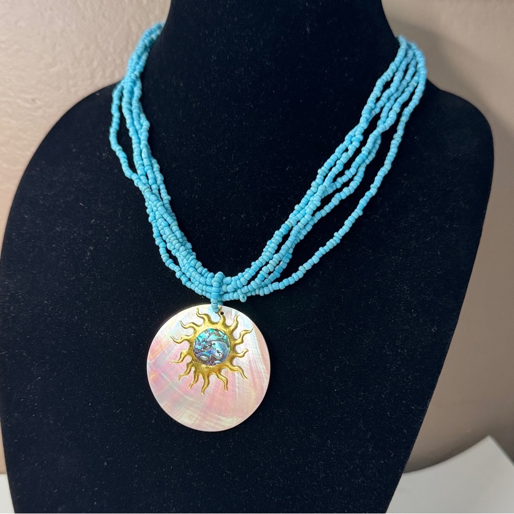 Mother of pearl blue seed bead necklace multi strand
